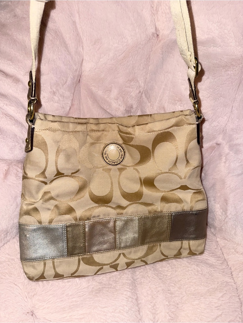Coach Beige Signature Canvas Shoulder Bag with Metallic Accents
